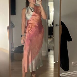 Zara Satin Tie-Dye Bias Slip Dress - Pink, Peach & Silver